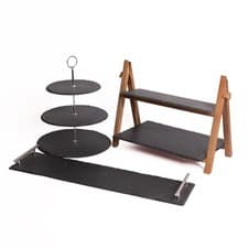 Image of Artesa Slate 3 Tier Round 2 Rectangular Serving Stand with Platter