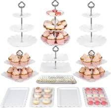 Image of NWK 11-Piece Silver Cake Stand Set - 3 Two-Tier & 3 Three-Tier Cupcake Stands, 4