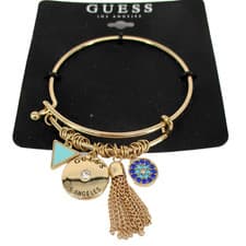 Image of GUESS Jeans Blue Rhinestones Bangle Bracelet Logo Gold Tone Charms NWT