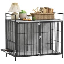 Image of PawHut Dog Crate Furniture with Rotating Bowl Holder for Large Dogs, Grey