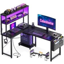 Image of Coleshome L Shaped Gaming Desk with LED Lights & Power Outlet, 110 × 80 cm