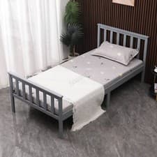 Image of Single Bed Solid Pine Wood Frame With Footboard Wood Slat Support Bedroom Grey
