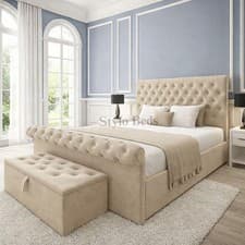 Image of Modern Upholstered Bed Frame Plush Velvet Headboard Bedroom Furniture All Colour