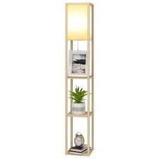 Image of LED Floor Lamp Wooden 3-Tier Open Shelf Storage Stabnding Light Linen Lampshade