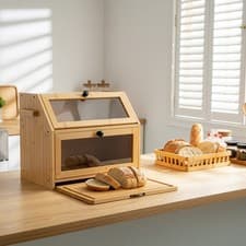 Image of Large Bread Bin Bamboo Layer Kitchen Storage Container Loaf Bread Box UK