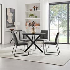 Image of Novara 100cm Black Top Black Leg Round Dining Table & 4 Halle Chairs
