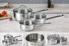 Image of Pyrex Master 3PC Stainless Steel Saucepan Set & Glass Lids