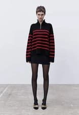 Image of BNWT ZARA WOMAN’S VIRAL OVERSIZED KNIT BLACK&RED STRIPED SWEATER WITH ZIP COLLAR