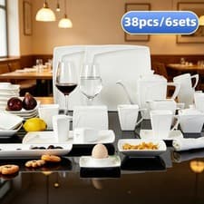 Image of 38pc White Square Dinner Set Porcelain Tableware Plates Cups Service for 6