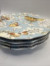 Image of RETIRED Pier 1 Imports ELENORE BIRD Floral Butterfly Blue Salad Plates Set of 4