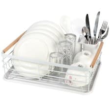 Image of Vinsani Deluxe Minimalist Dish Drainer Drying Rack with Wooden Handles