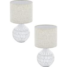 Image of 2 PACK Table Lamp White Patterned Base Shade Light Brown Fabric Linen E27 1x40W