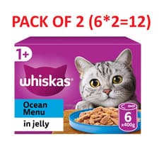 Image of 12 x 400g Whiskas 1+ Adult Wet Cat Food Tins Mixed Ocean Menu in Jelly (2 Boxes)