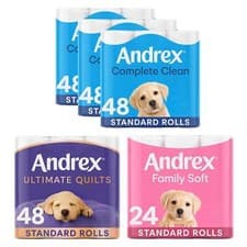 Image of Andrex Toilet Rolls Family Soft, Complete Clean 2-Ply & Ultimate Quilts 3-Ply