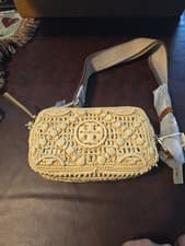 Image of Tory Burch Women's Mini Miller T Monogram Raffia Crossbody Bag - Natural/254