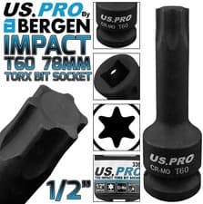 Image of BERGEN T60 IMPACT TORX Bit Socket 1/2"Dr TRX60 78mm Long Reach Impact Star Torx