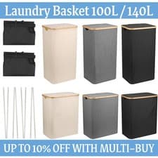 Image of Large Laundry Hamper Basket with Bamboo Handle Lid Dirty Clothes Washing Bin