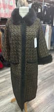 Image of Faux Fur Trim Monogram Maxi Coat Geometric Greek Key Print Long Trench Jacket