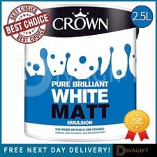 Image of CROWN MATT EMULSION PAINT PURE BRILLIANT WHITE 2.5L FOR WALLS & CEILINGS NEW