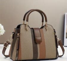 Image of Women’s khaki striped tote, multi-layer design, magnetic, removable strap