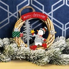 Image of Home Festive Battery Powered Wicker Christmas Door Wreath with Snowman Design