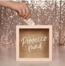 Image of Prosecco Fund Money Box Wooden Savings Gift Present Glitter Shadow Frame Gold