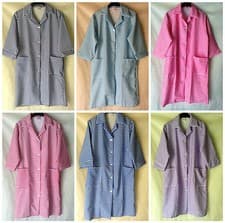 Image of NEW LADIES CHECK PRINT BUTTON FRONT 3/4 SLEEVE WORK WEAR COAT CLEANING OVERALL