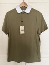 Image of BNWT Barbour Men’s Short Sleeve Polo Shirt Olive Green White Collar - Size S