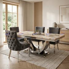 Image of 1.8m Cream Marble Dining Table U Shape Stand with 6 Buttoned Back Velvet Chairs