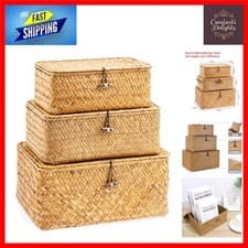 Image of Handwoven Seagrass Storage Baskets with Lids - Set of 3 Rectangular Organizer...