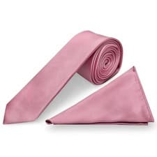 Image of Mens Plain Satin Skinny Tie and Pocket Square Set Thin Slim Tie Wedding Pastel