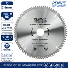 Image of 216mm x 80T x 30mm TCT Circular Wood Saw Blade For Bosch, Makita, Dewalt, Mitre