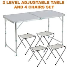 Image of 4FT FOLDING CAMPING TABLE ALUMINIUM PICNIC PORTABLE PARTY BBQ OUTDOOR & 4 STOOLS
