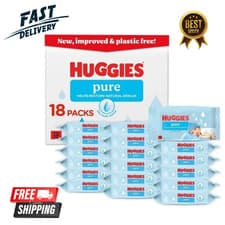 Image of Huggies Pure Plastic Free Baby Wipes - Pack of 18 864 Wipes 99% Water Wet Wipes