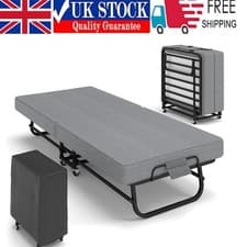 Image of Portable Fold Up Rollaway Guest Bed with Memory Foam Mattress and Wheels UK