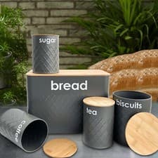 Image of 5pc Grey Bread Bin Kitchen Storage Tins Canister Set with Airtight Bamboo Lid