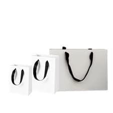 Image of White Paper Gift Bags -S,M,L with Black Ribbon Handles, Packs of 2, 3, 5 or 10