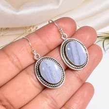 Image of Blue Lace Agate Earring, Gemstone Handmade 925 Sterling Silver Earring "