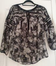 Image of Mint Velvet Black & White Chiffon Top Blouse Marble effect Size 8 NEW