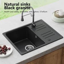 Image of Kitchen Sink Single Bowl Black Granite With Drainage Fittings - HOROW