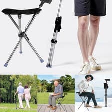 Image of Folding Portable Walking Stick Seat Adjustable Aluminium Cane Chair for Elders