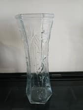 Image of Clear Glass Vase With Bamboo Leaf Design - 30cm Tall New
