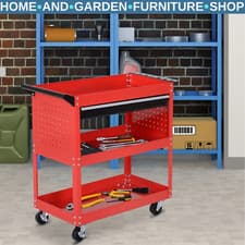 Image of Tool Trolley Cart 3-Tier Rectangular Cabinet Storage Shelf Roller W/ Drawer Red