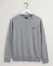 Image of GANT Men’s Grey Lambswool Shield Jumper Crew Neck Sweater Medium RRP £145
