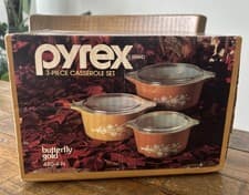 Image of Vintage Pyrex Butterfly Gold 480-4-N 3 Piece Bake, Serve Store Casserole Set New