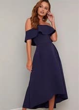 Image of CHI CHI LONDON NAVY BLUE BARDOT OFF SHOULDER HIGH LOW MIDI DRESS SIZE 12 BNWT