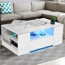Image of LED Coffee Table Wooden 2 Drawer Storage High Gloss Modern Living Room Furniture