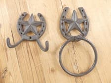 Image of Western Star & Horseshoe Towel Ring & Hook Rustic Country Bathroom Cast Iron