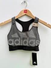 Image of Adidas Alphaskin Sports Bra Spellout Logo Gym Training Grey Black Womens XS