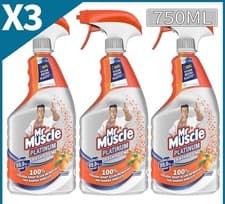 Image of 3 x MR MUSCLE PLATINUM BATHROOM CLEANER SPRAY 750ML MANDARIN ORANGE SCENT NEW